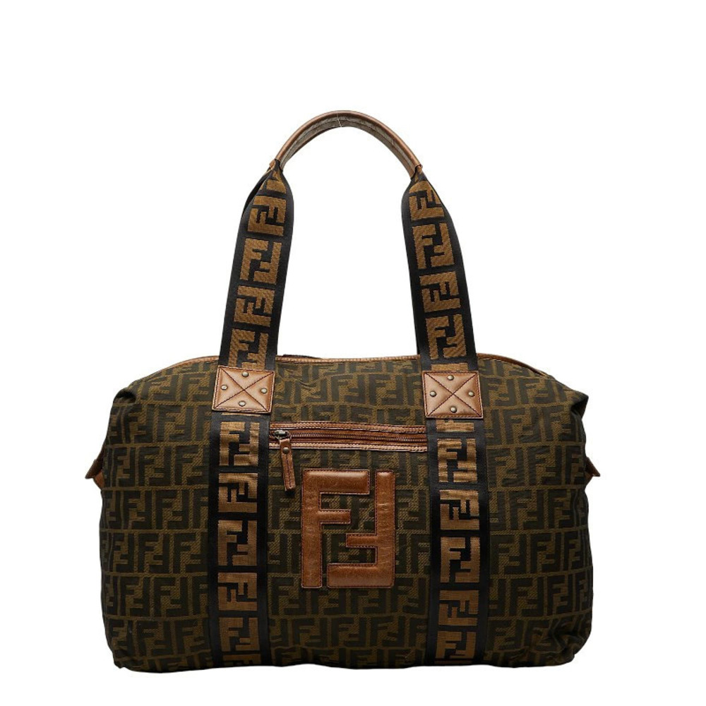 Fendi Zucca Shoulder Bag Tote Boston Brown Canvas Leather